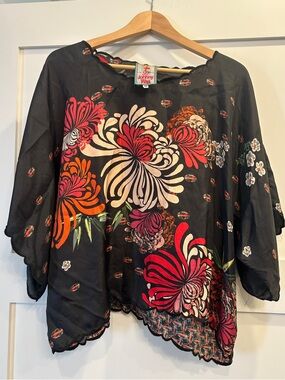 Johnny Was Black Floral Silk-Blend Tunic with Red, Pink & Orange Blooms
